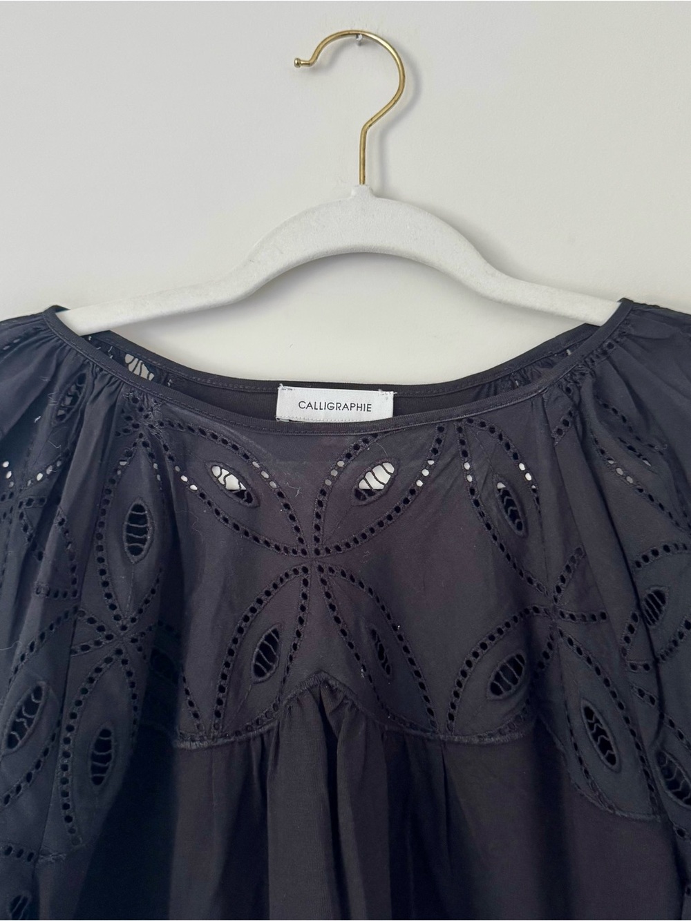 Anthro Calligraphie 3/4 Sleeve Eyelet Cotton Peasant Top, Black – Size Small - Picture 2 of 7